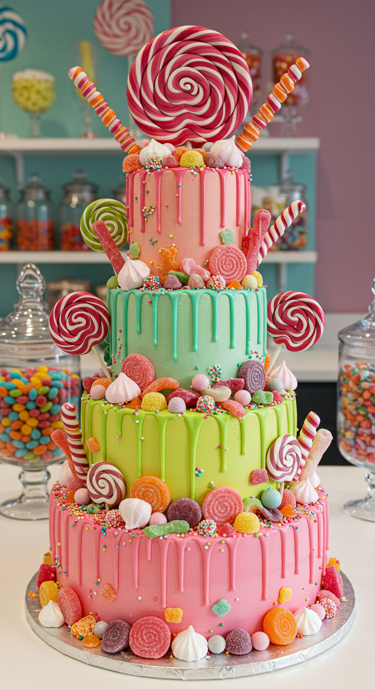 Vierstöckige, knallbunte Torte überladen mit Süßigkeiten und Lollis