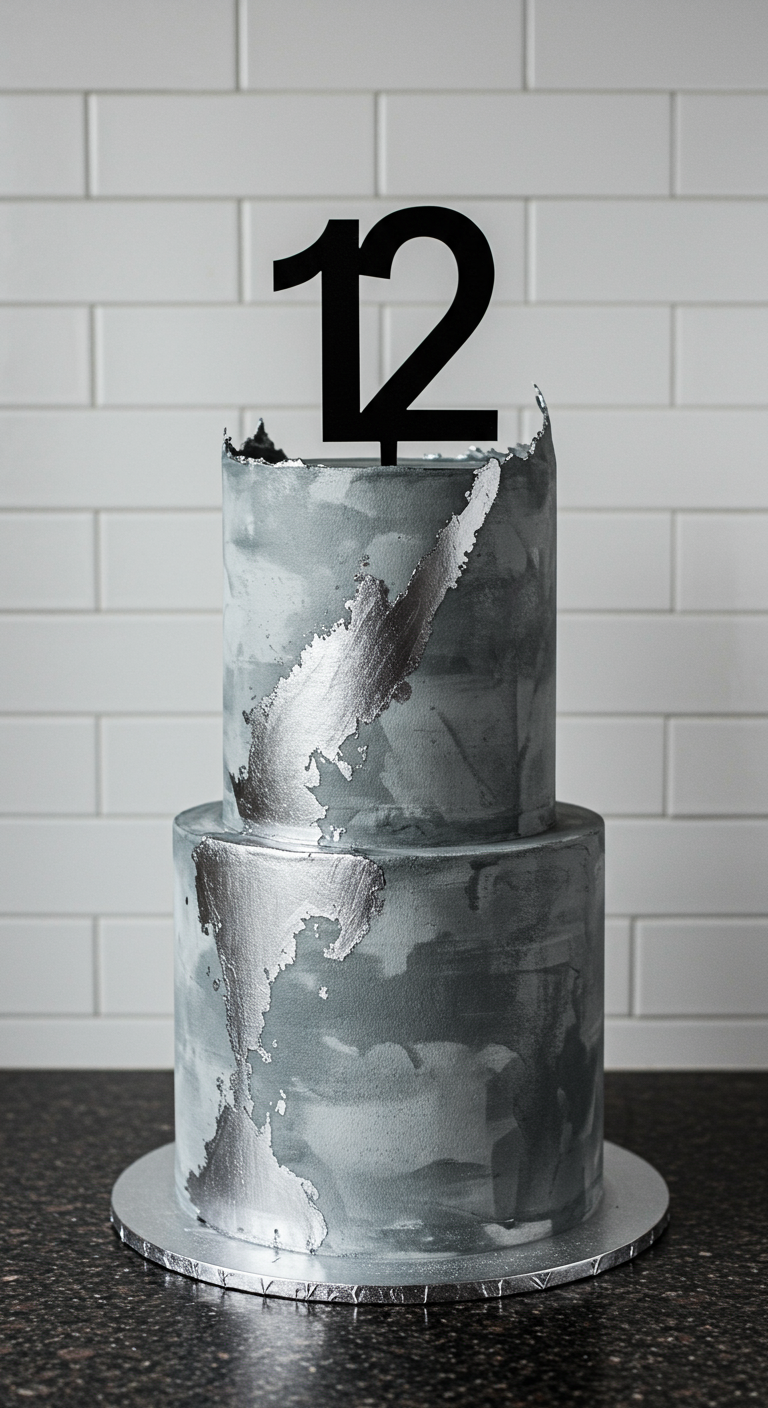 Zweistöckige graue Torte im Beton-Look mit aufgerissenen Silberakzenten und schwarzer Zahl 12.