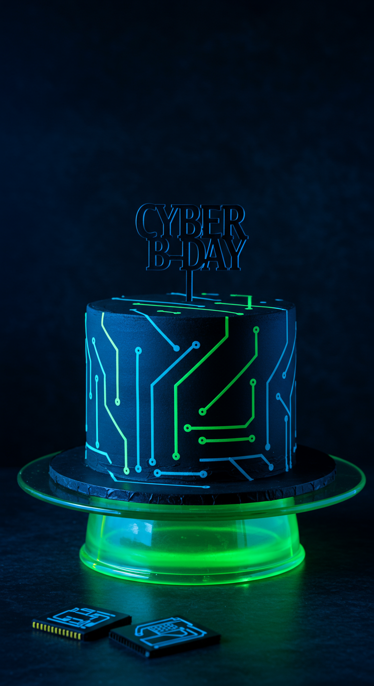 Schwarze Torte mit Neon-grünen und -blauen Leiterbahnen, 'CYBER BDAY' Topper.