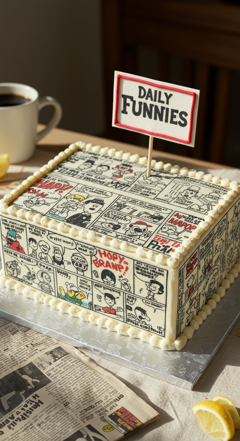 Rechteckige Torte bedruckt mit Schwarz-Weiß-Zeitungscomics.