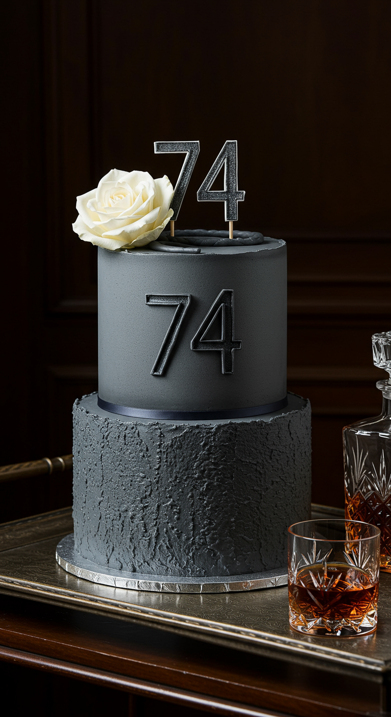 Zweistöckige dunkelgraue Torte mit rauer Textur unten, glatt oben, und silbernen Zahlen 74.