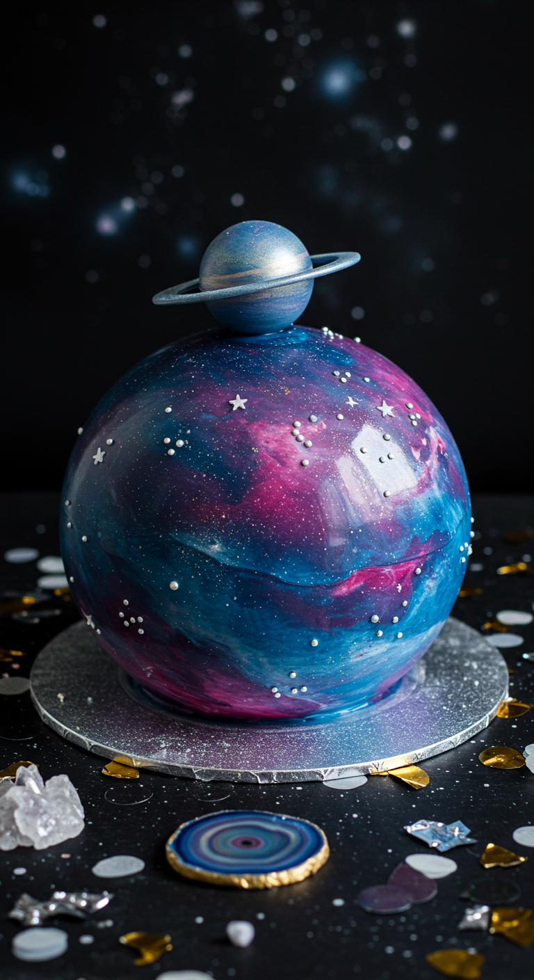 Kugelförmige Galaxie-Torte mit Planeten-Topper und Sternen.