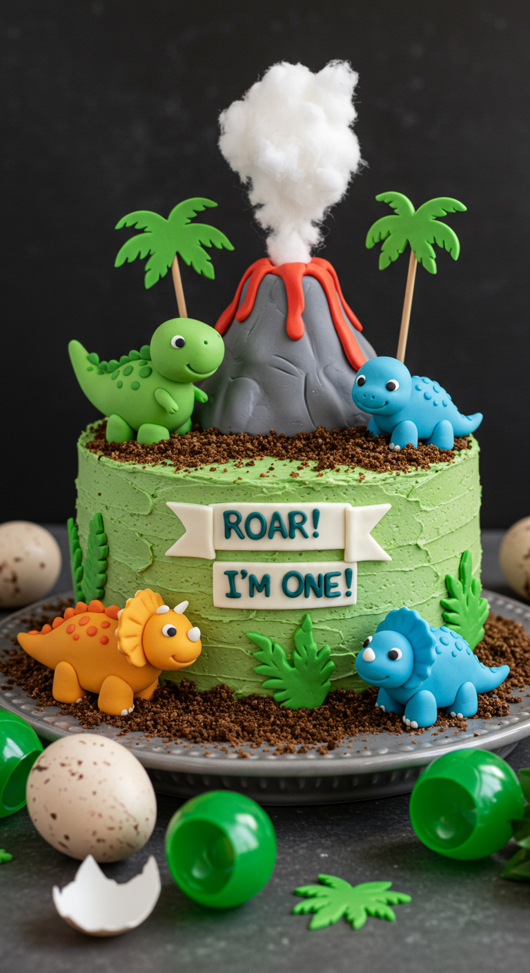 Grüne Torte mit Fondant-Dinos, Vulkan und