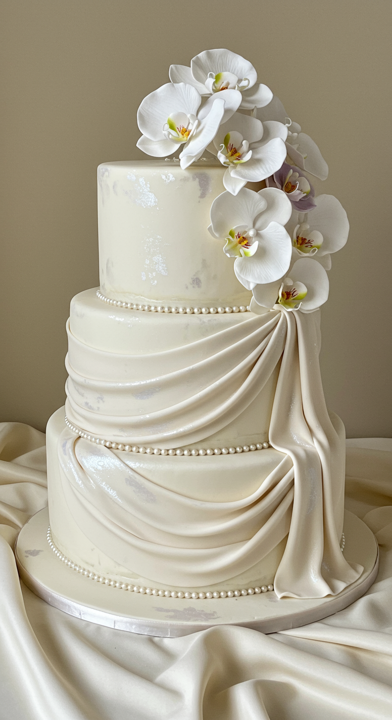Dreistöckige weiße Torte mit elegant drapiertem Fondant und weißen Orchideen.