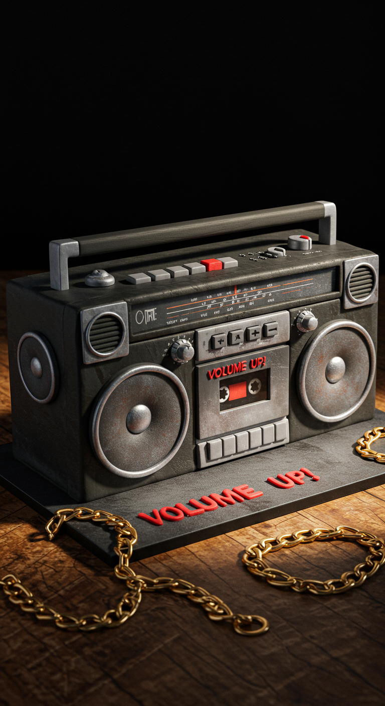 Detaillierte Ghettoblaster-Torte in Schwarz und Grau mit roten 'VOLUME UP!' Akzenten und Goldketten