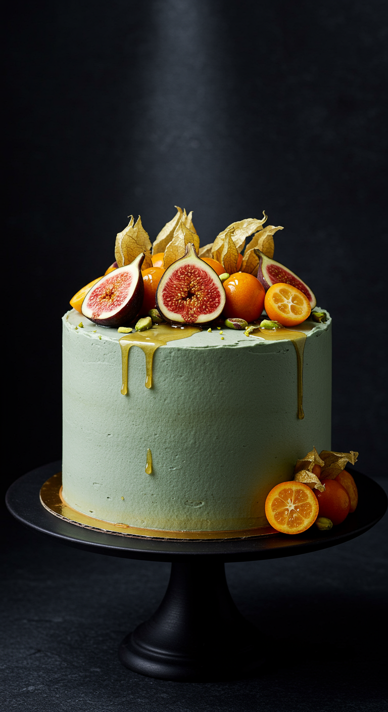 Grüne Torte mit Honig-Drip, dekoriert mit Feigen, Kumquats, Physalis und Pistazien.