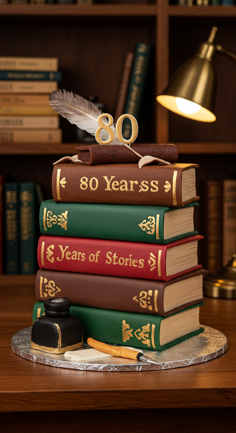 Torte in Form eines Stapels alter Bücher mit goldenen Verzierungen.