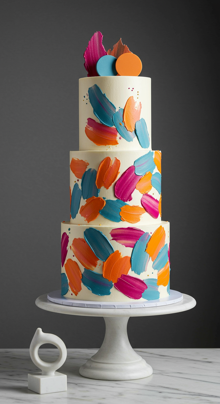 Dreistöckige weiße Torte mit abstrakten, bunten Pinselstrich-Dekorationen in Pink, Orange und Blau.