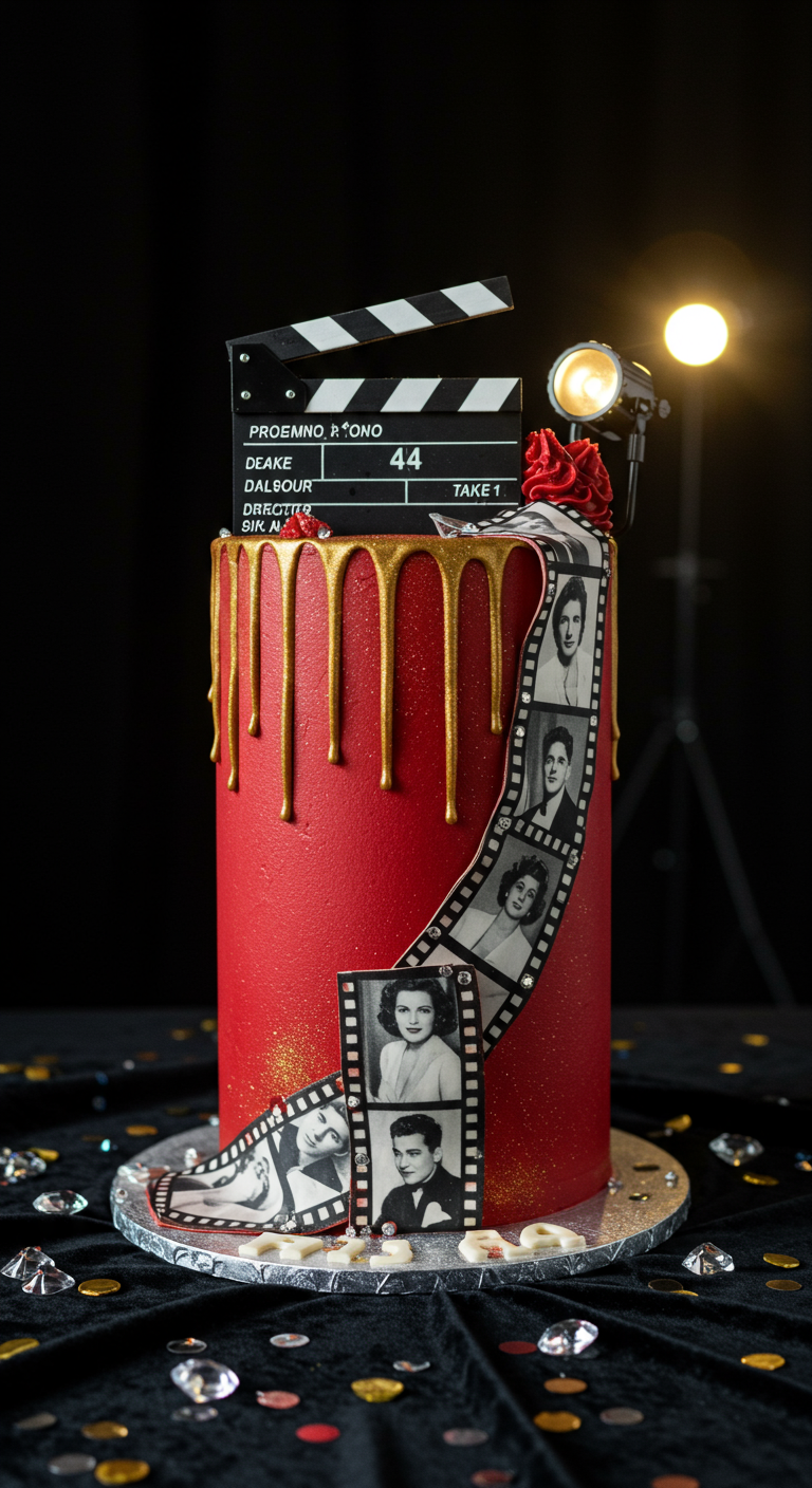 Rote Torte mit goldenem Drip, Filmklappe, Filmstreifen mit Fotos und Scheinwerfer.