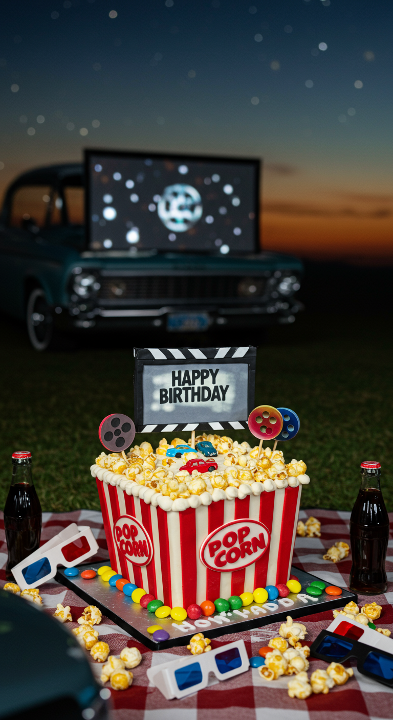 Torte als Popcorntüte für ein Autokino, gefüllt mit Popcorn und bunten Schokolinsen.