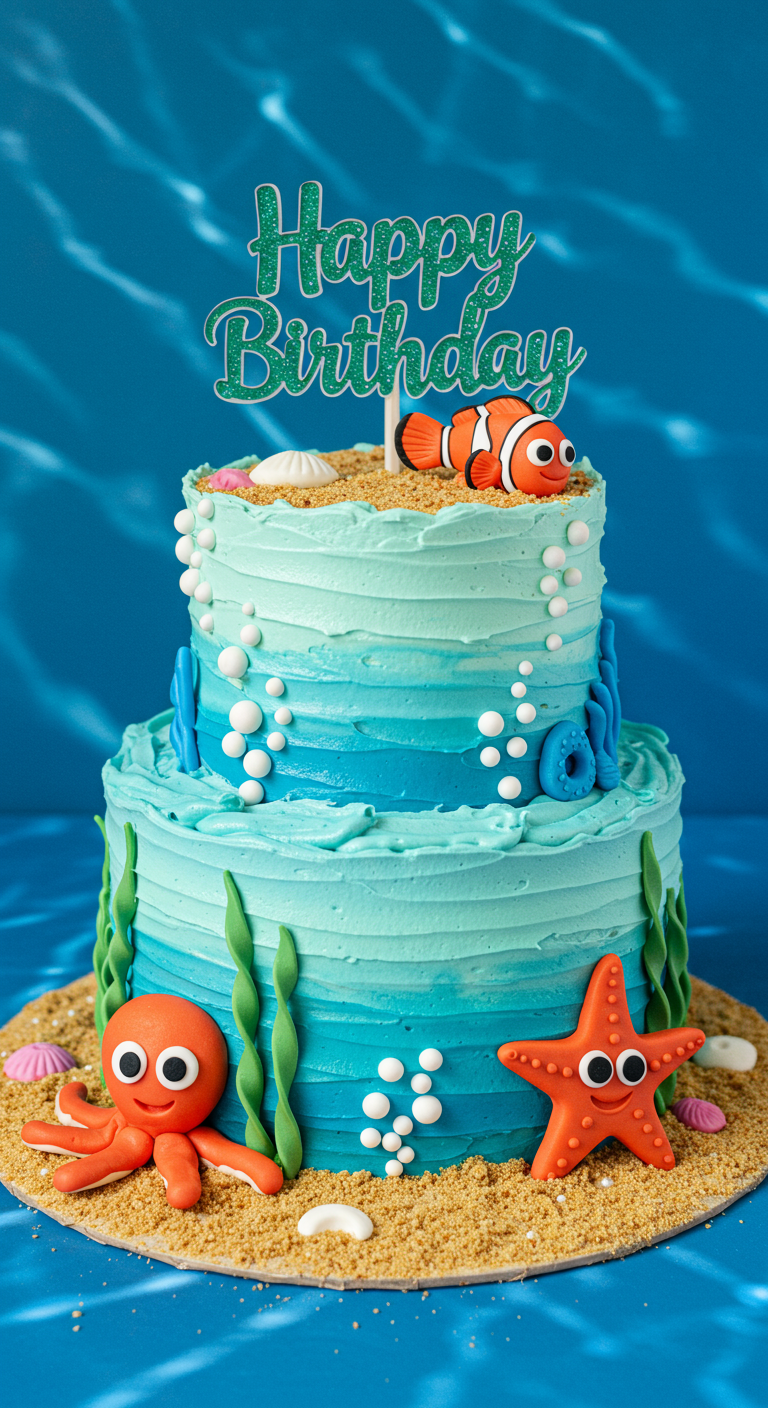 Zweistöckige Findet Nemo Torte mit blauem Ombré-Wasser und Meeresfiguren.