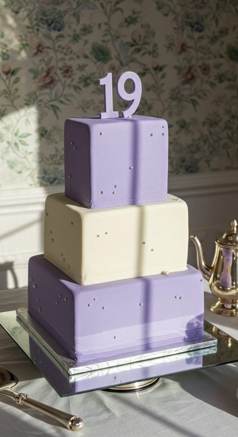 Dreistöckige quadratische Torte in Lavendel und Weiß mit silbernen Perlen.