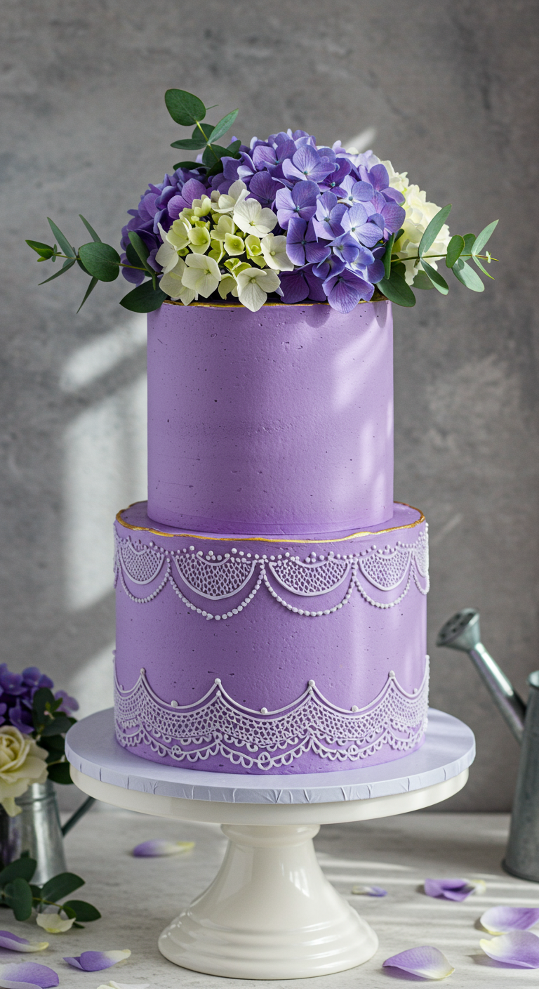 Zweistöckige lila Torte mit weißer Spitzen-Verzierung und frischen Hortensien obendrauf.