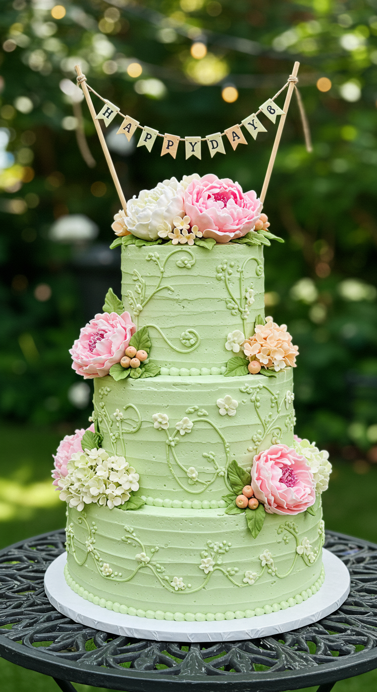 Dreistöckige mintgrüne Torte mit rosa Pfingstrosen und filigranen weißen Verzierungen.
