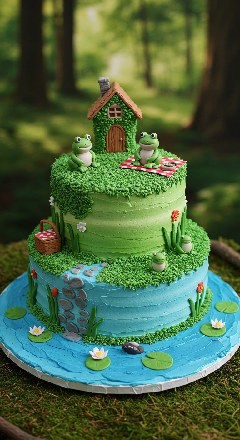 Zweistöckige Frosch und Kröte Torte mit Teich, Wiese, Haus und Froschfiguren.