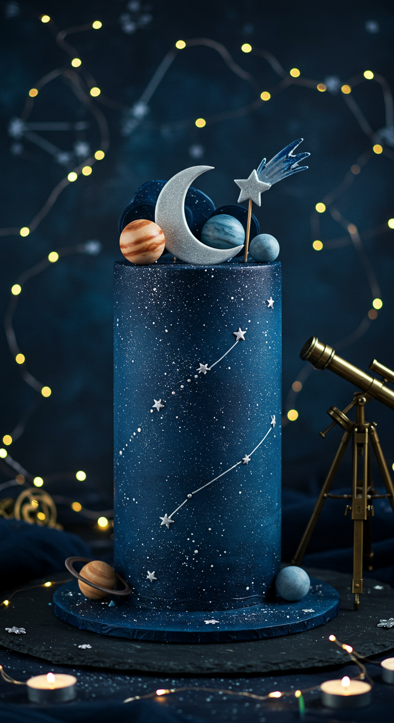 Dunkelblaue Torte dekoriert als Sternenhimmel mit Planeten, Mond und Sternschnuppe.