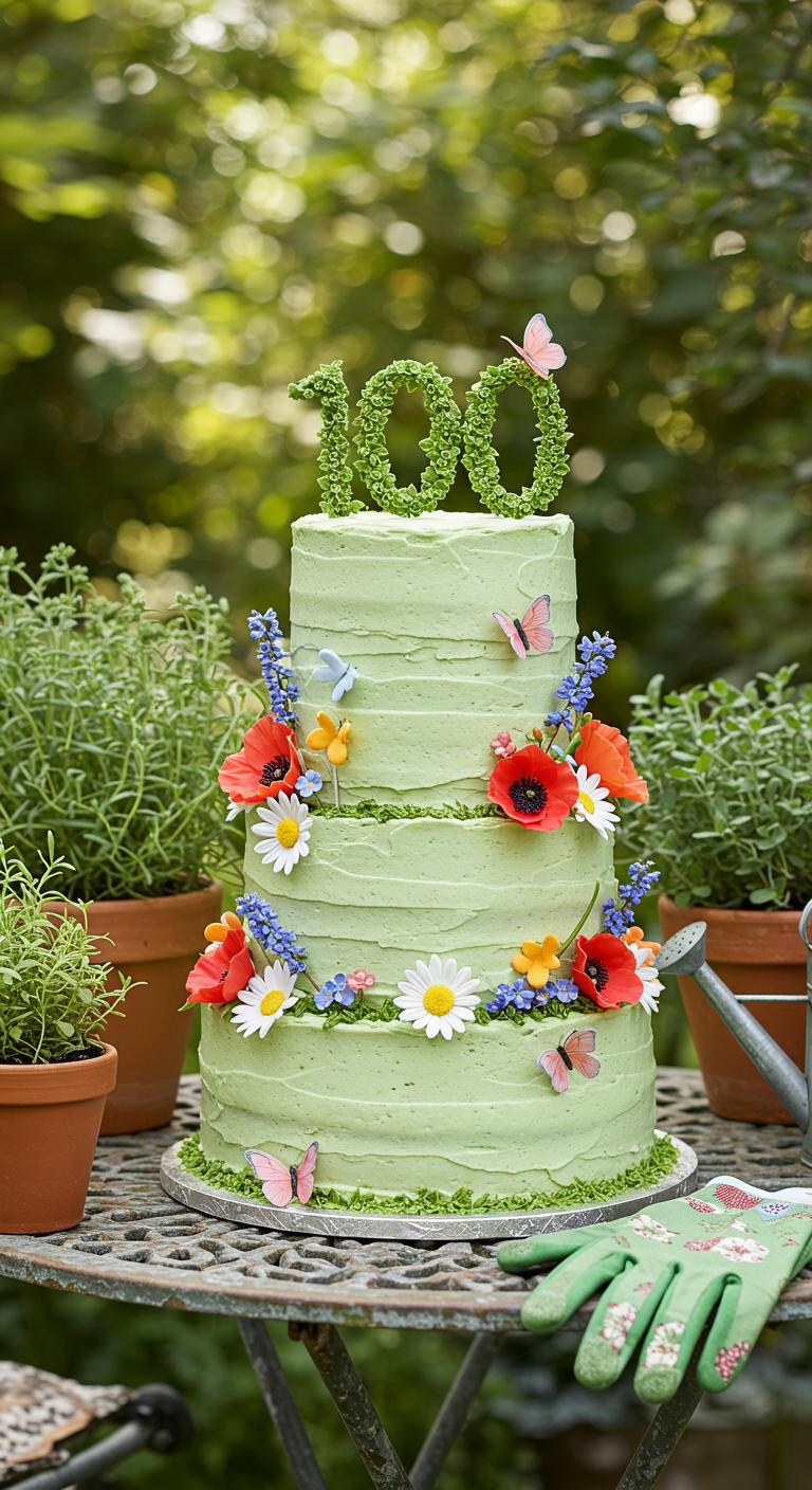 Hellgrüne dreistöckige Torte mit Buttercreme-Blumen und einer '100' aus Blättern.