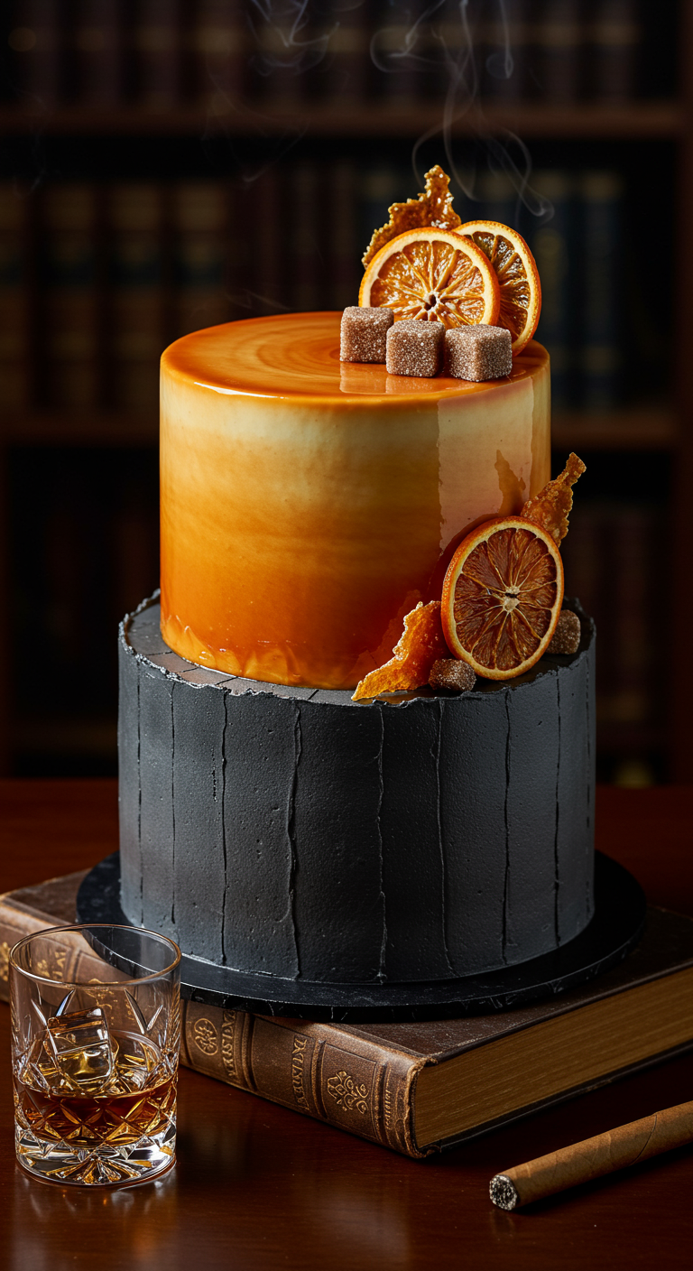 Zweistöckige Torte, obere Etage Karamell-Mirror-Glaze, untere schwarz texturiert.