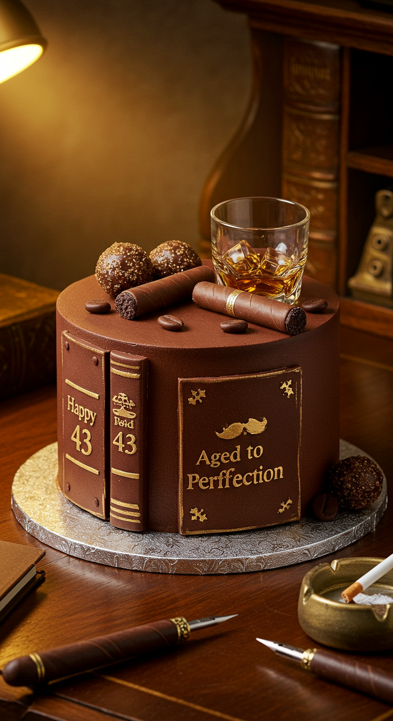 Schokotorte in Buchform mit Zigarren und Whiskeyglas-Deko.
