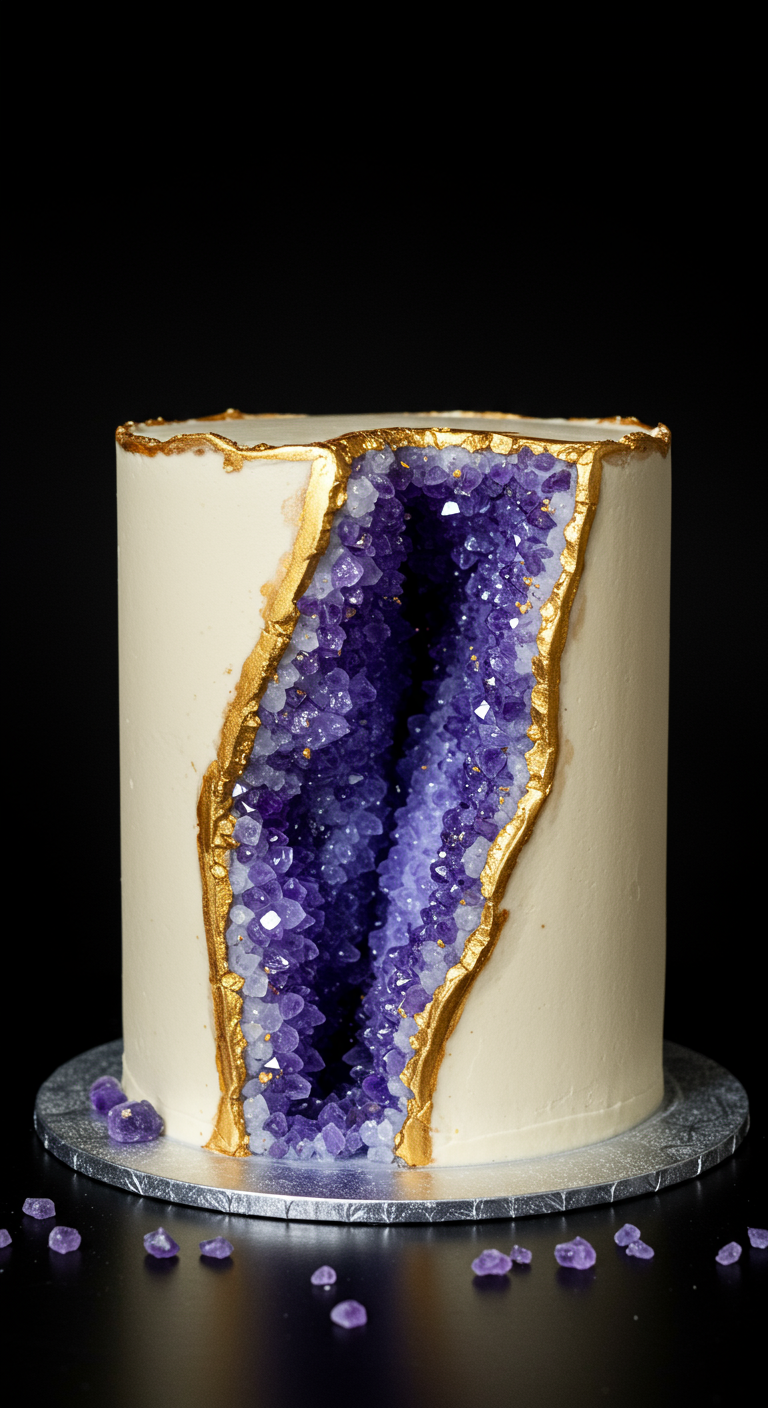 Weiße Torte mit einer Aussparung, die mit lila Zuckerkristallen gefüllt ist (Geoden-Look).