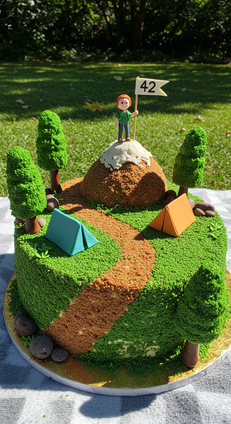 Runde Torte als Camping-Landschaft mit Hügel, Wegen, Bäumen, Zelten und Figur.
