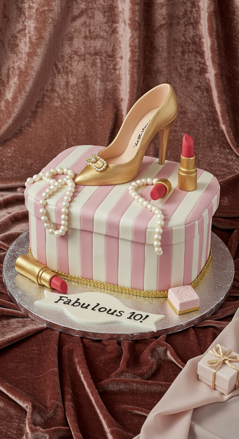 Quadratische Torte in Rosa-Weiß gestreift, dekoriert mit essbarem goldenem Schuh, Lippenstift und Perlenkette.