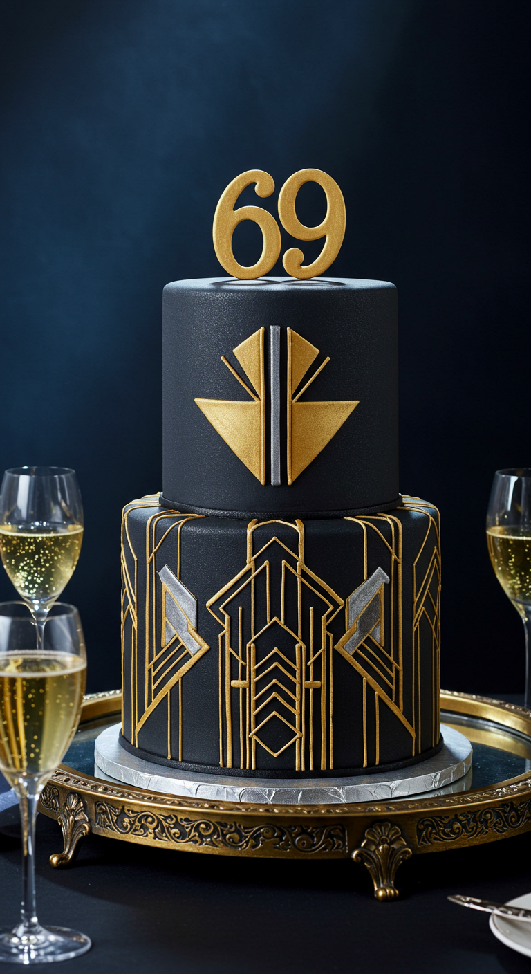 Zweistöckige schwarze Torte mit goldenen Art-Déco-Mustern und Zahl 69.