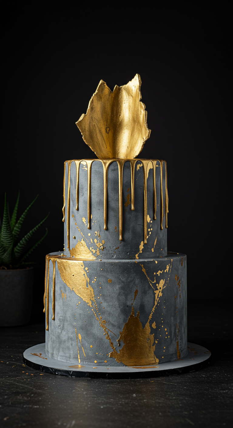 Zweistöckige graue Torte in Betonoptik mit goldenem Drip und goldenen Akzenten.