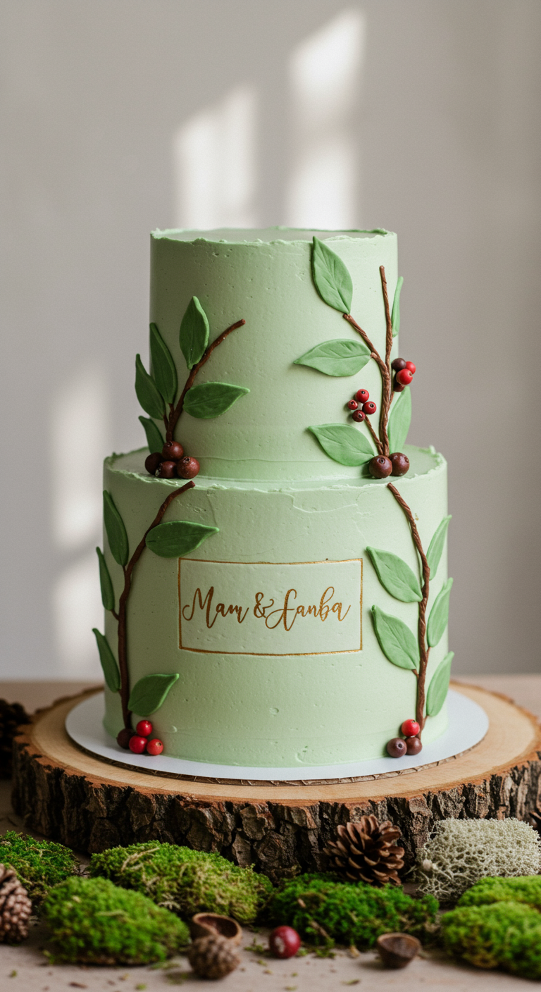 Zweistöckige hellgrüne Torte mit Blättern und Beeren aus Fondant.
