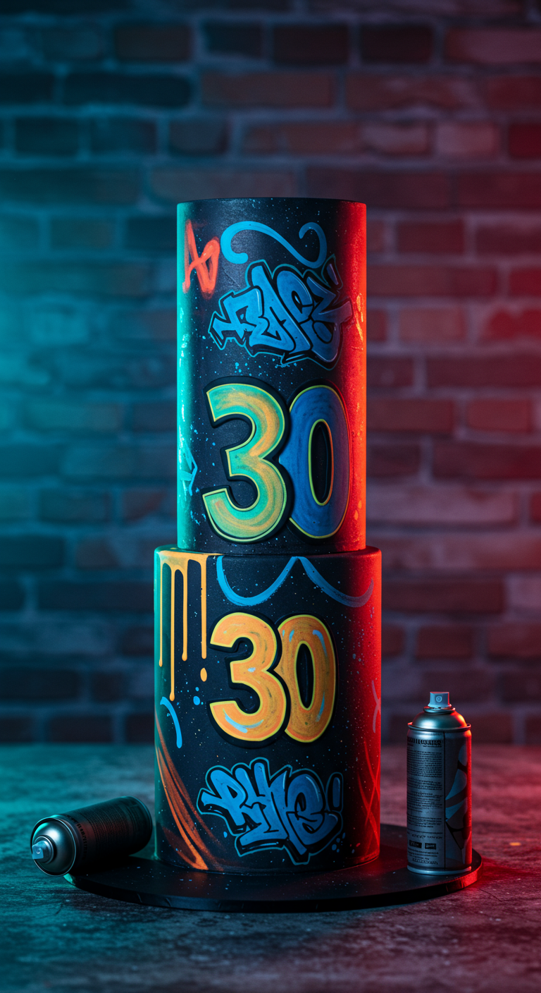 Zweistöckige Torte mit Graffiti-Kunst und der Zahl 30, daneben Spraydosen.