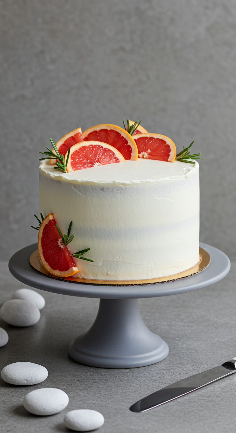 Weiße Torte mit Grapefruitscheiben und Rosmarinzweigen.