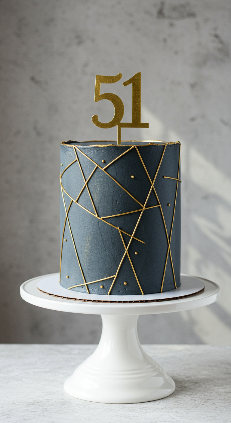 Dunkelgraue Torte mit goldenen geometrischen Linien und Zahl 51.