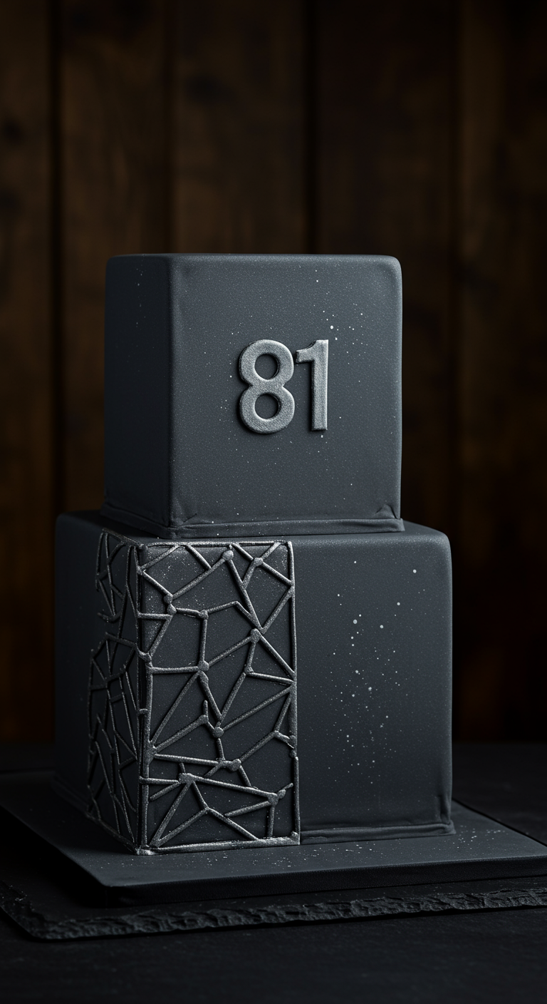 Zweistöckige, quadratische, schwarze Torte mit silbernem geometrischem Muster.