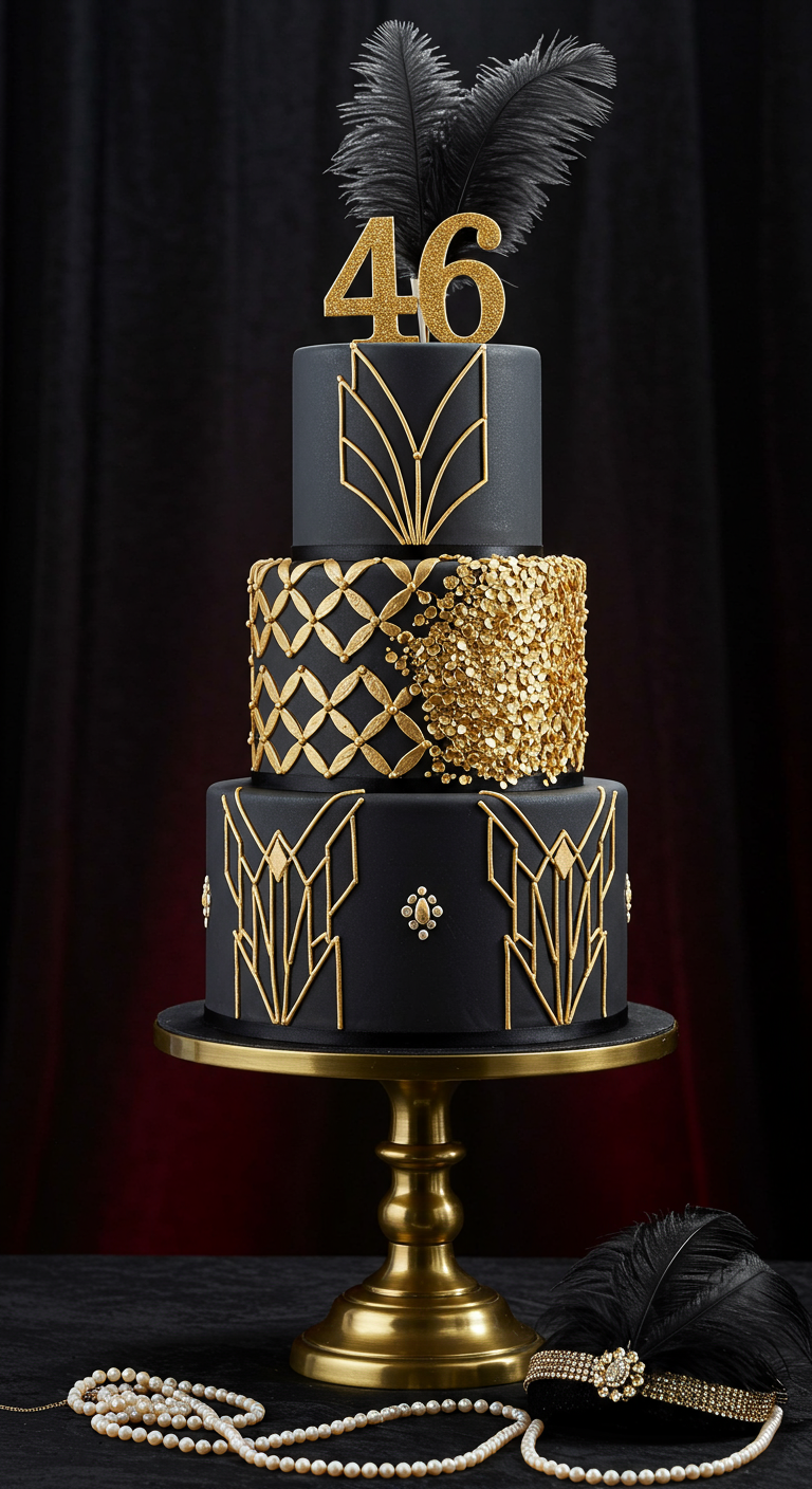 Dreistöckige schwarz-goldene Art-Deco-Torte mit Federn und Zahl 46.