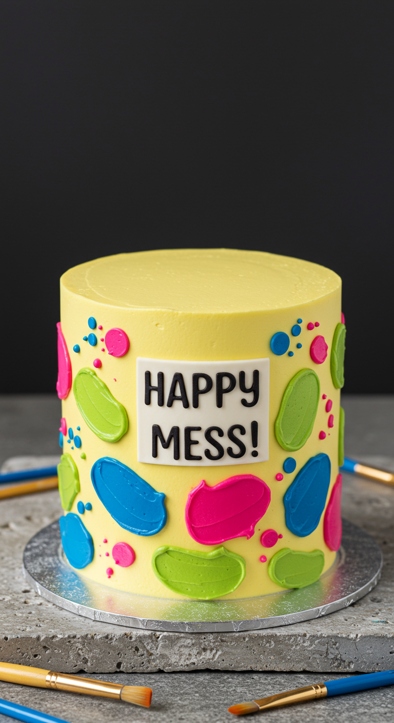 Gelbe Buttercreme-Torte mit bunten Farbklecksen und 'Happy Mess!'-Schild.