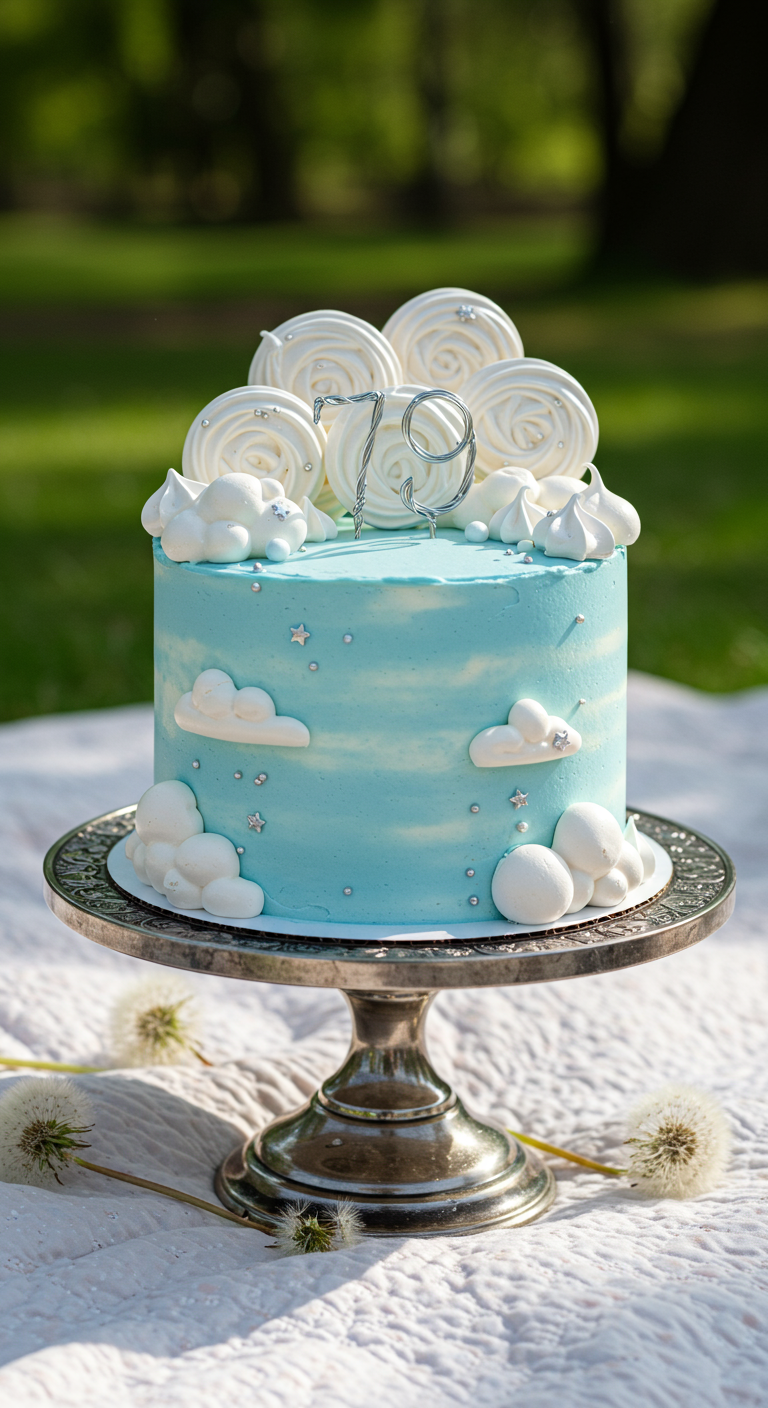 Hellblaue Torte mit Wolken-Effekt, Baiser-Wolken und silbernem '79' Topper.