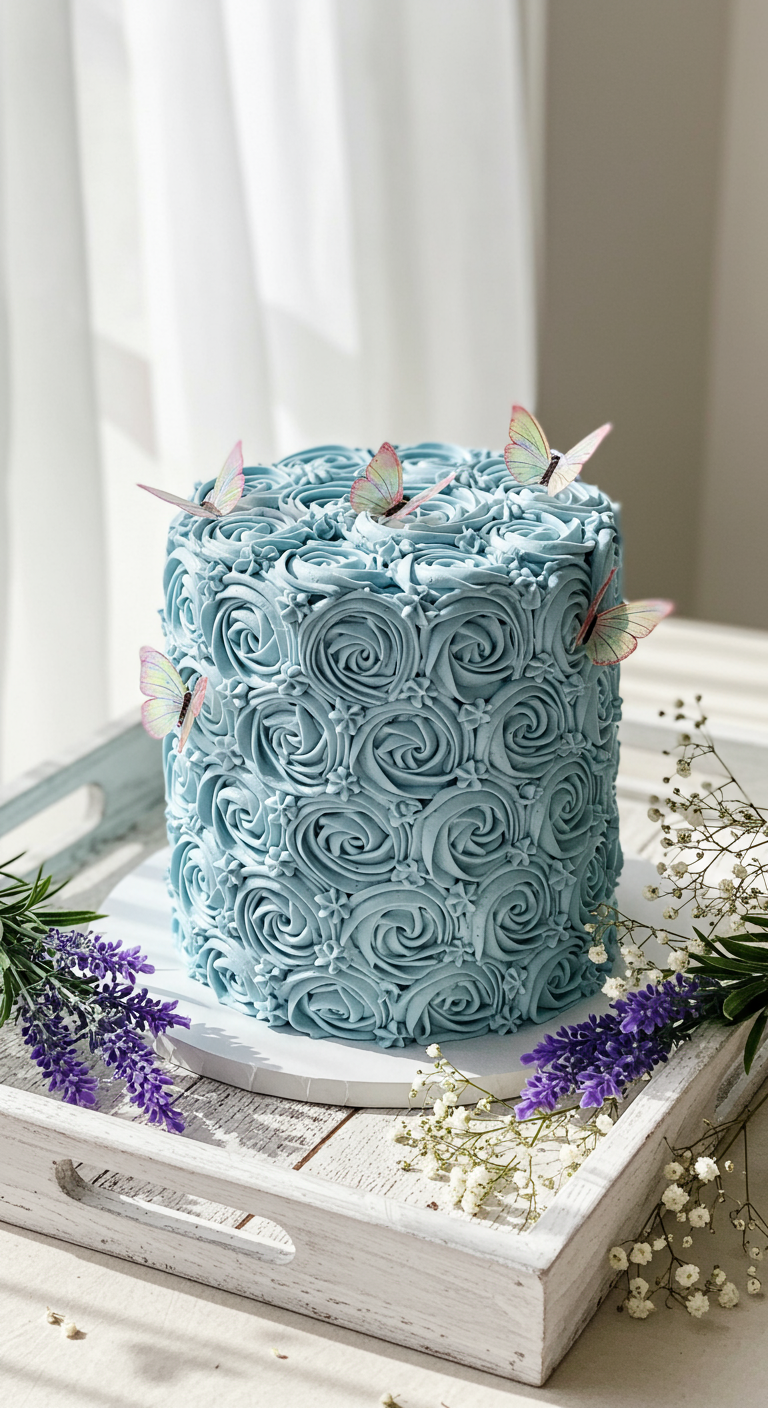 Hellblaue Torte komplett mit Buttercreme-Rosetten und aufgesetzten Schmetterlingen.