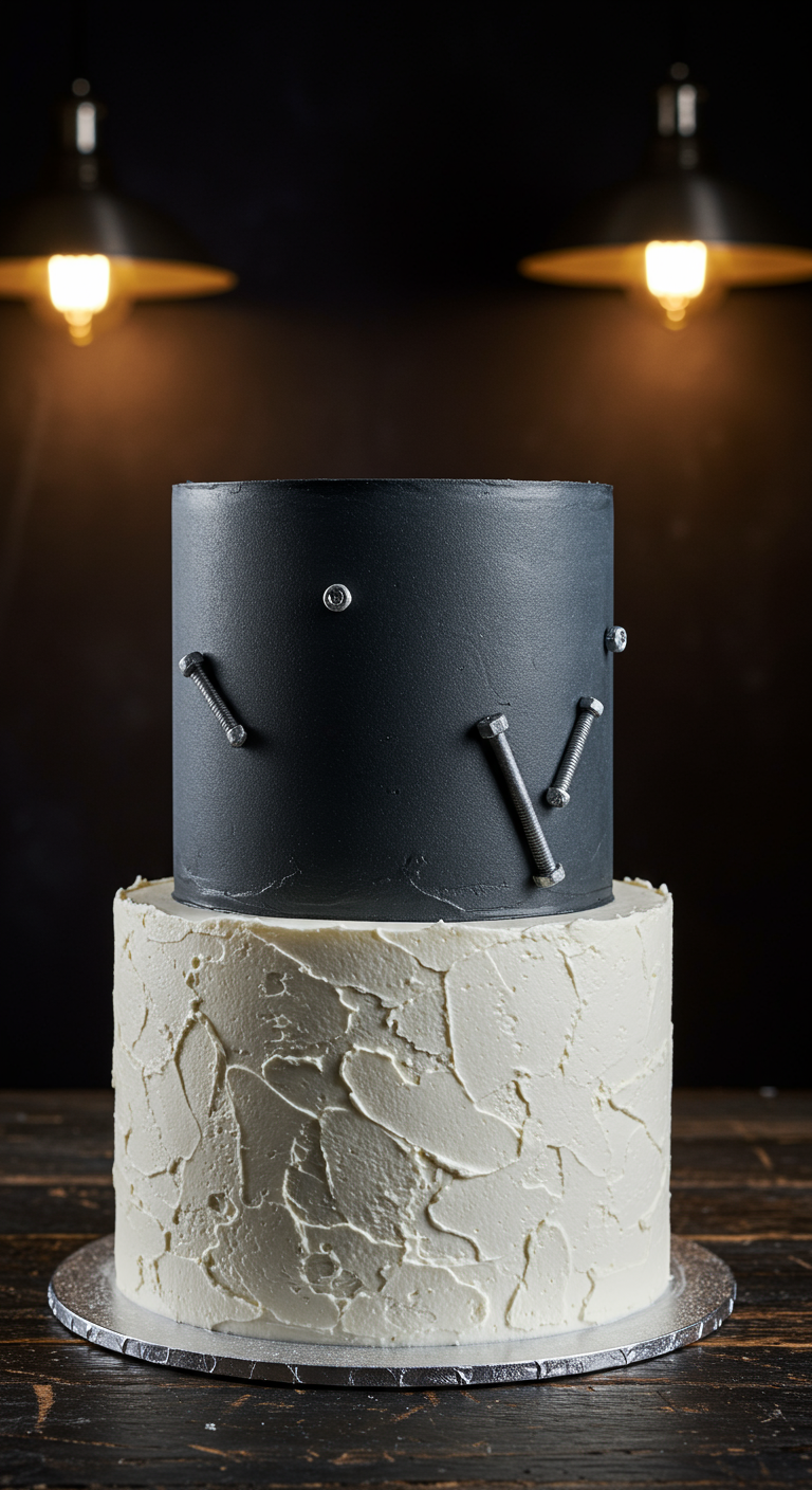 Zweistöckige Torte: unten weiße, raue Buttercreme, oben glatte schwarze Torte mit Schrauben-Deko.