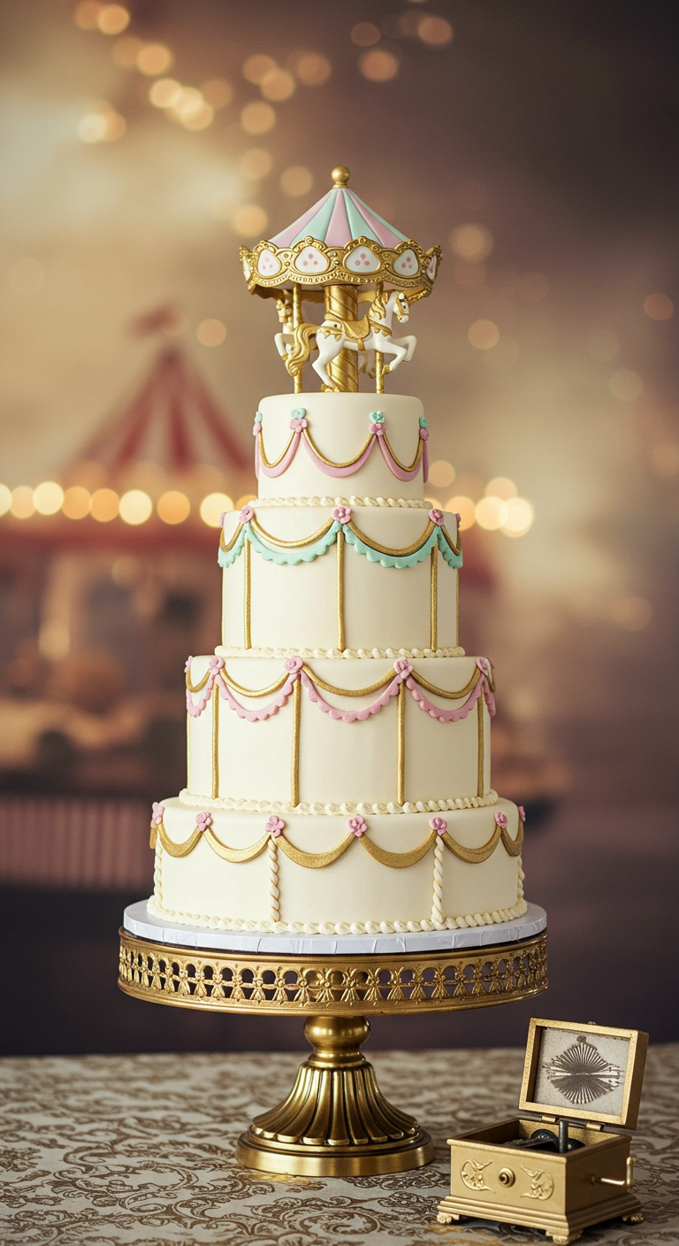 Mehrstöckige weiße Torte mit goldenen Details und einem Karussell-Topper.