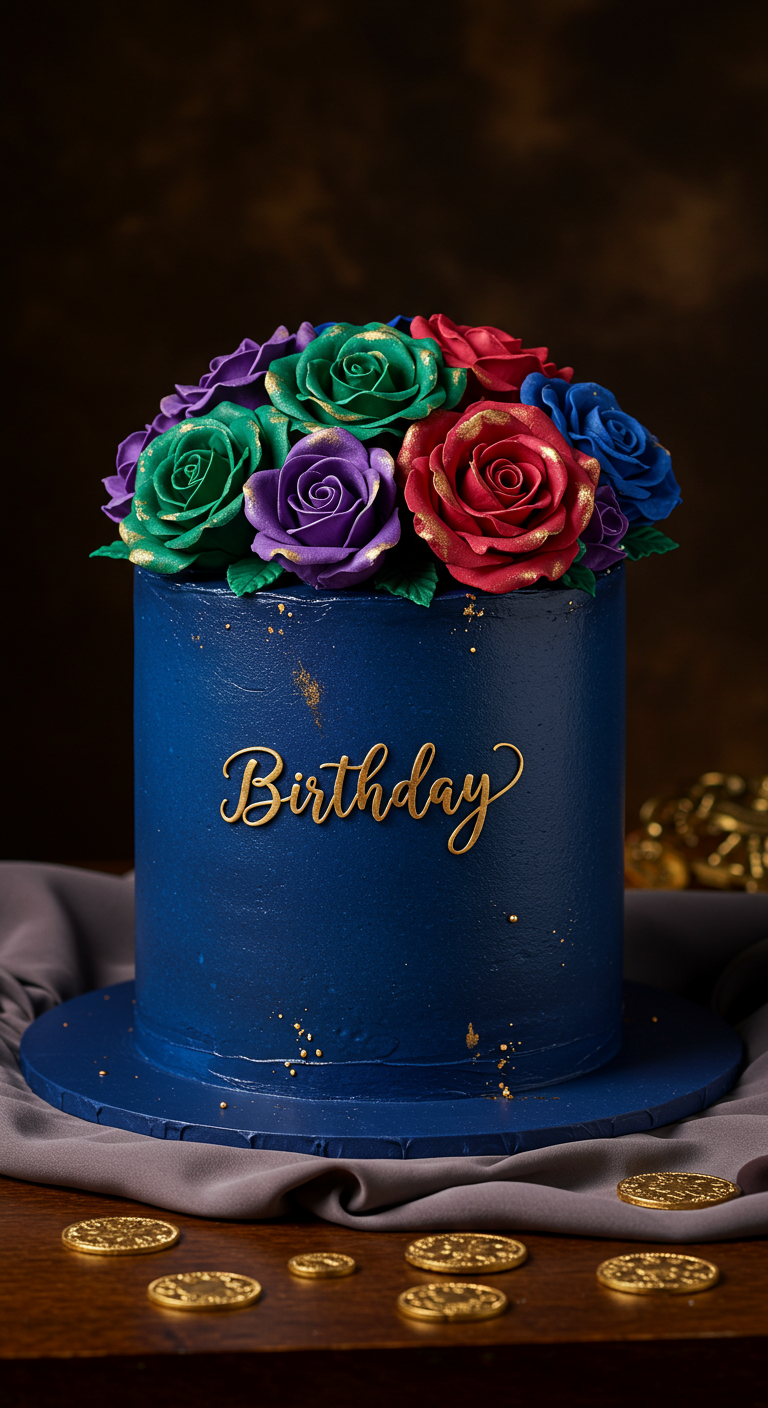 Dunkelblaue Torte mit einem Bouquet aus bunten Zuckerrosen (grün, lila, rot, blau) und Goldakzenten.