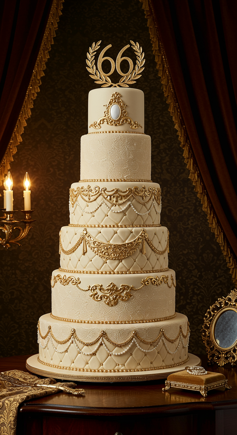 Hohe, cremefarbene Torte mit Goldverzierungen,
