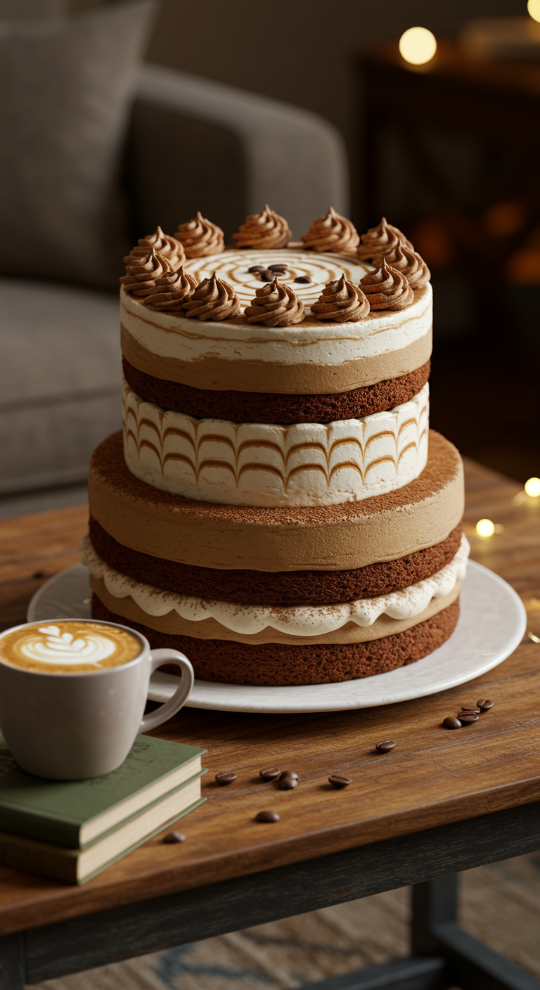 Zweistöckige Tiramisu-Torte mit sichtbaren Schichten und Kaffeedeko.