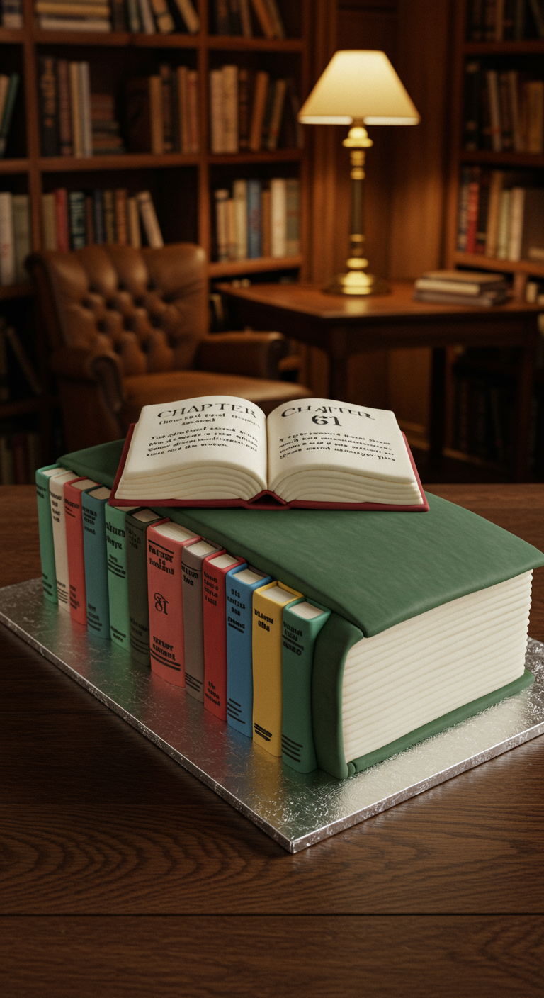 Torte in Form eines großen Buches, auf dem kleinere bunte Bücher und ein aufgeschlagenes Buch liegen.