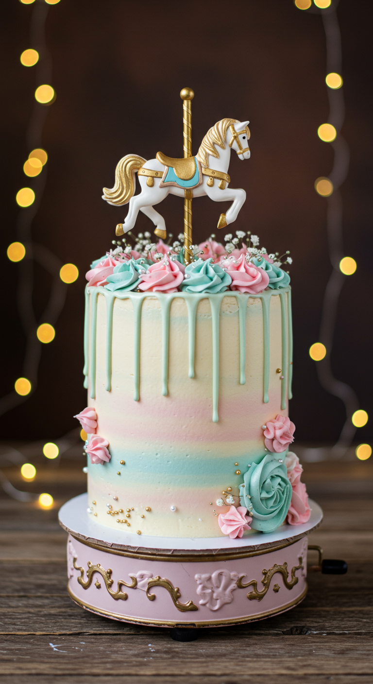 Hohe Torte mit pastellfarbenen Streifen, türkisfarbenem Drip und Karussellpferd-Topper.