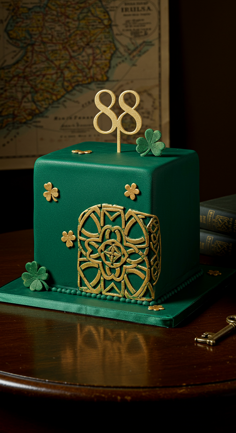 Quadratische grüne Torte mit goldenem keltischem Knoten und Kleeblättern.