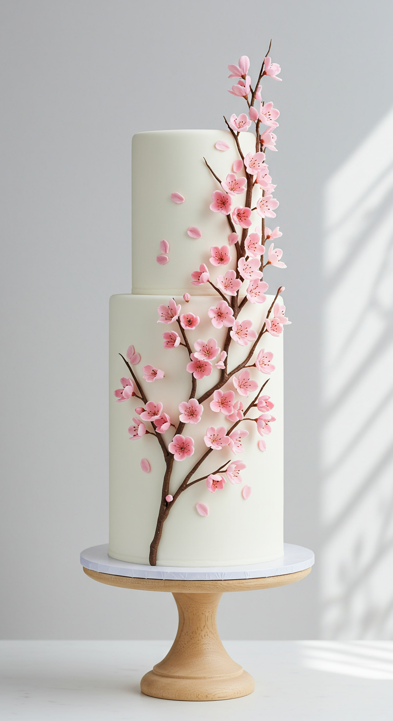 Hohe, weiße zweistöckige Torte, dekoriert mit einem Ast voller rosa Zucker-Kirschblüten.