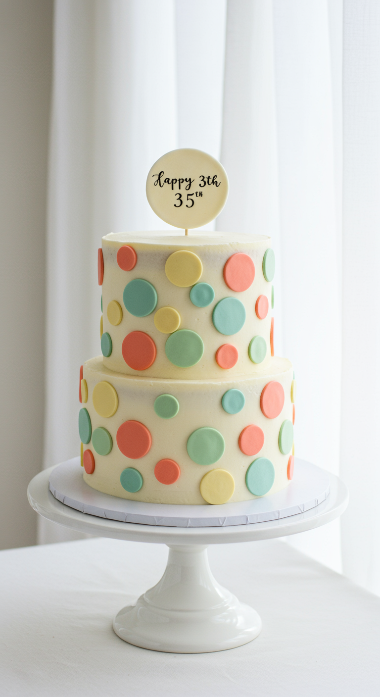 Zweistöckige weiße Torte mit bunten Fondant-Punkten und „Happy 35th“ Topper.