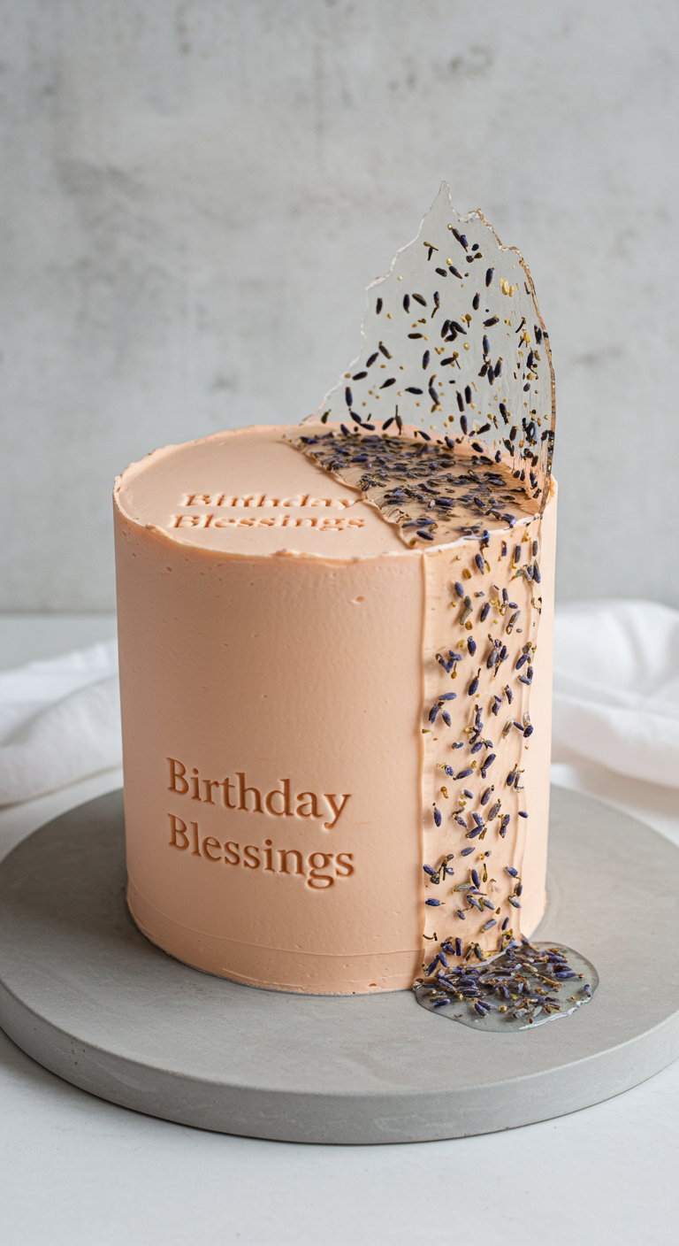 Pfirsichfarbene Torte mit Lavendel-Isomalt-Scherbe und Schriftzug.