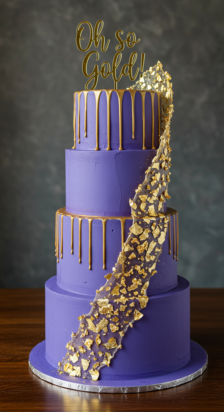 Dreistöckige lila Torte mit Gold-Drip und einer seitlichen Kaskade aus klarem Zucker mit Goldflocken.