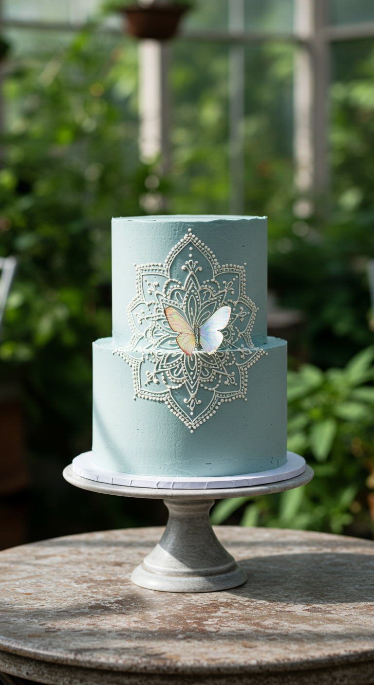 Hellblaue zweistöckige Torte mit weißem Mandala-Muster und Schmetterling.